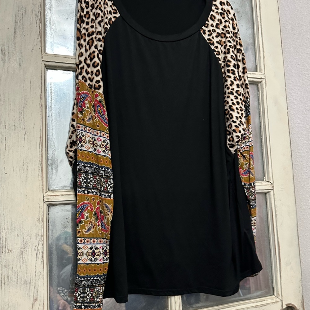 Leopard and Paisley Sleeve Black Blouse